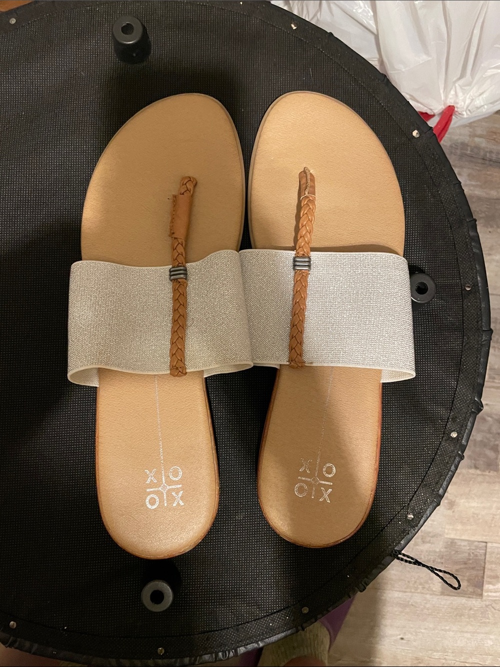 XOXO Tan, sliver and Cream Slide Sandals with Braided Toe Strap
